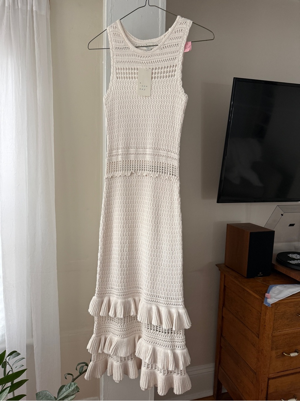 NWT A New Day Cream Crochet Knit Ruffle Maxi Dress Size S
